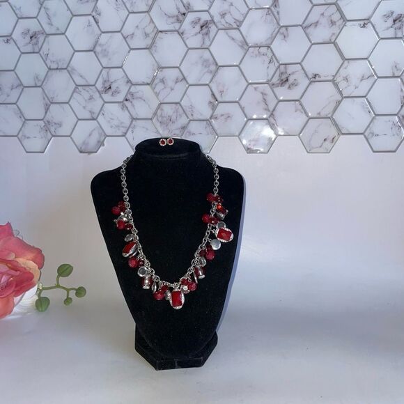 Elegant White House Black Market Set Red and Silver Necklace & Earrings - Picture 3 of 5